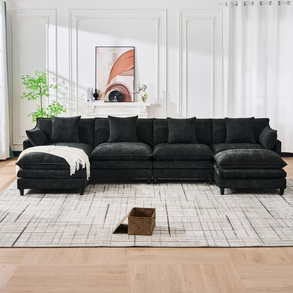 English Elm 140.9-inch U-shaped Modular Sectional Sofa with Ottomans Chenille Cloud Cushions Black W288S00030