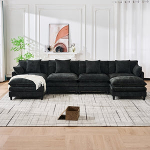 English Elm 140.9-inch U-shaped Modular Sectional Sofa with Ottomans Chenille Cloud Cushions Black W288S00030