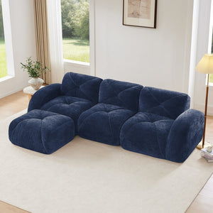 English Elm L-shaped Velvet Sectional Sofa Tufted Modular Seating with Ottoman for Living Room Blue W714S01620