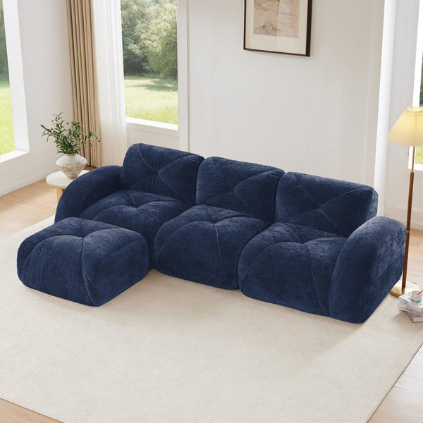 English Elm L-shaped Velvet Sectional Sofa Tufted Modular Seating with Ottoman for Living Room Blue W714S01620