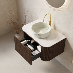 English Elm Muri Floating Bathroom Vanity Plywood Cabinet Sintered Stone Top Oak Drawer Walnut,White W2615S00413