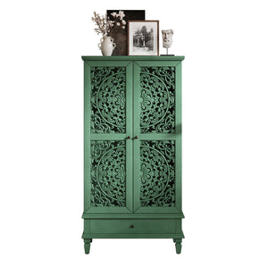 English Elm Rustic Retro Green 55" Tall Storage Cabinet with Carved Doors, Drawer & Solid Wood Legs for Home Decor Antique Green W1445P376553