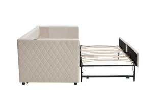 English Elm Beige velvet daybed with diamond-grid pull-out trundle, modern sturdy wood frame for guests and lounge W1361S00031
