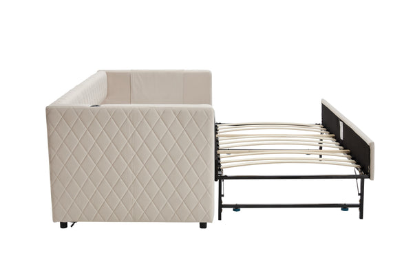 English Elm Beige velvet daybed with diamond-grid pull-out trundle, modern sturdy wood frame for guests and lounge W1361S00031
