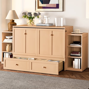 English Elm Full Golden Murphy Bed with Storage Drawers & Shelves, Space-Saving Wall Cabinet for Guests W1580S00254