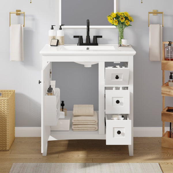 English Elm 30 Inch Bathroom Vanity with Ceramic Sink and 3 Smooth-Glide Drawers, Modern Moisture-Resistant Storage White N710P252105K