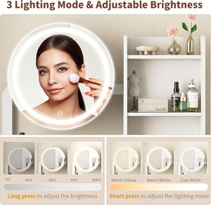 English Elm Small Bedroom Vanity Desk with Led Mirror Cushioned Stool Power Outlet and Storage White W3587P462329