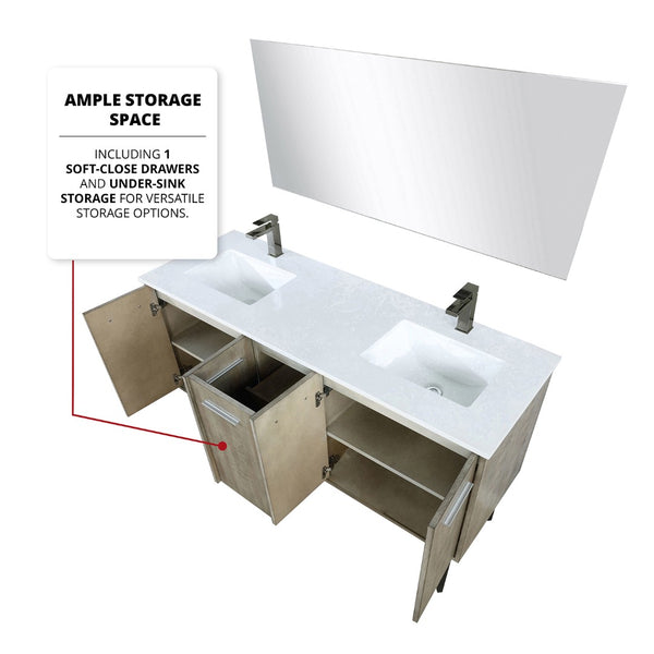 English Elm Rustic Acacia Double Bath Vanity With White Quartz Top, Gun Metal Faucet & Large 55 In. Mirror B2731S01669-GIGA