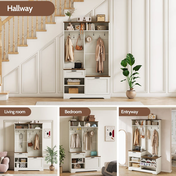 English Elm Hall Tree Entryway Organizer with Bench Seat Shoe Cabinet and Coat Hooks Mdf Farmhouse White+Walnut T5618P448218