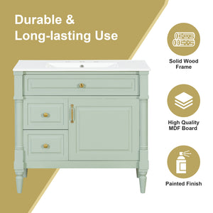 English Elm 36" Freestanding Bathroom Vanity With Stylish Ceramic Basin, Smart Storage & Elegant Green Finish N725P356064F