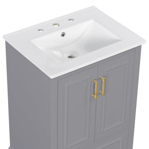 English Elm 24"bathroom Vanity Freestanding Gray Mdf Ceramic Sink Soft Close Storage Cabinet N729P321378E