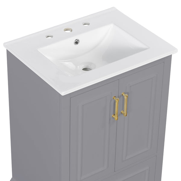 English Elm 24"bathroom Vanity Freestanding Gray Mdf Ceramic Sink Soft Close Storage Cabinet N729P321378E