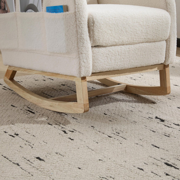 English Elm Modern Upholstered Glider Rocker with Teddy Fabric High Back and Rubberwood Base White W3723P409074