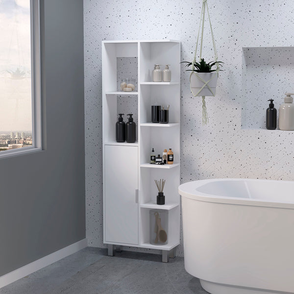 English Elm FM FURNITURE Quimby Linen Cabinet White – 1 Door, 9 Shelves, Durable Particleboard, Easy Assembly, Timeless Bath Storage B128P321052