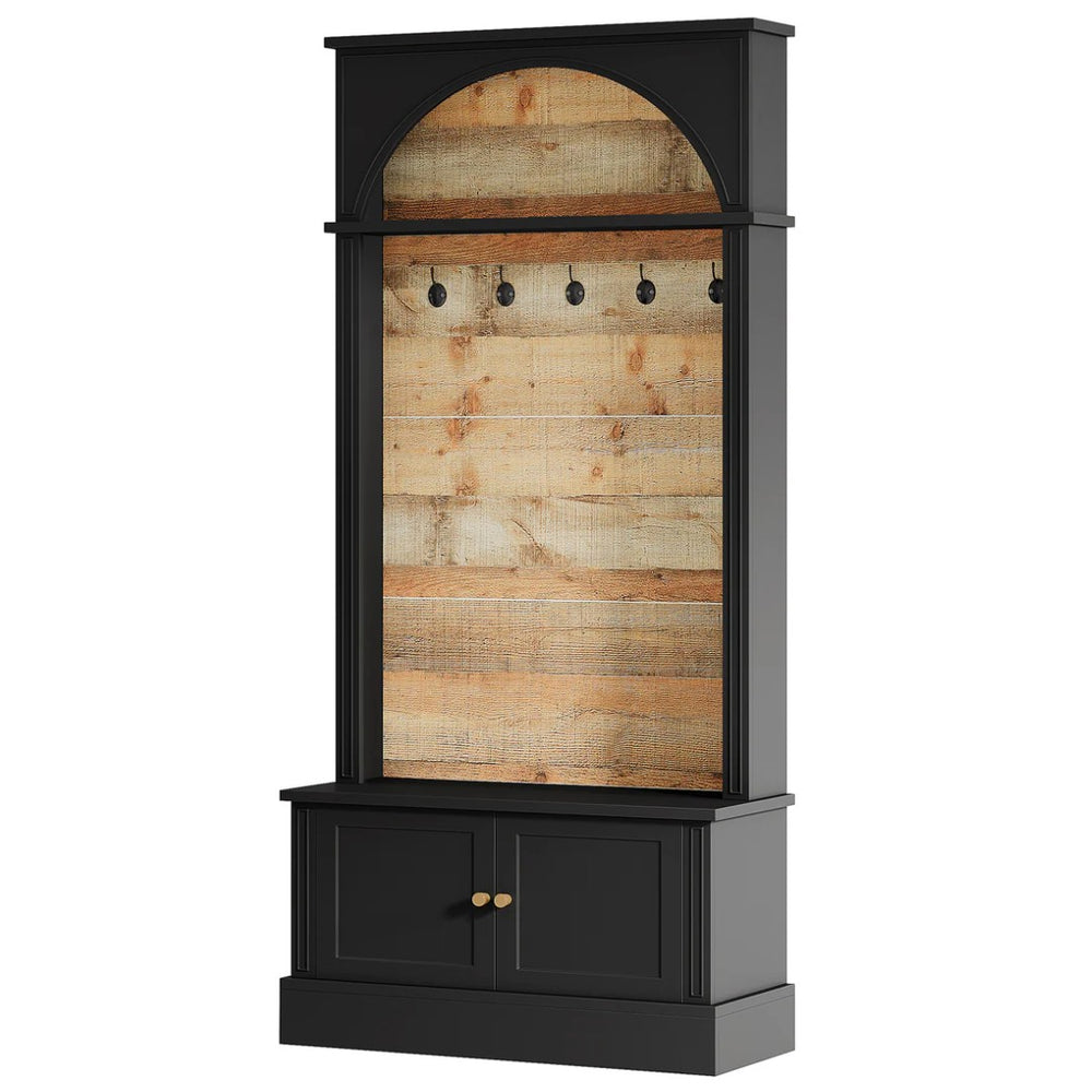 English Elm Freestanding Hall Tree with Shoe Cabinet 5 Hooks Top Shelf Entryway Organizer T3971P464211