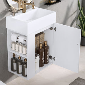 English Elm 20 Modern Wall-Mounted Bathroom Vanity with Ceramic Sink, Diamond Door, Gold Handles & Shelves — Compact White N725P314033K
