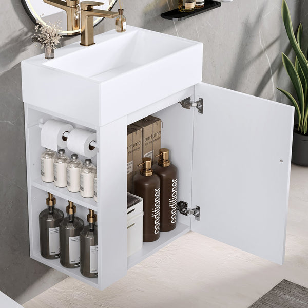 English Elm 20 Modern Wall-Mounted Bathroom Vanity with Ceramic Sink, Diamond Door, Gold Handles & Shelves — Compact White N725P314033K