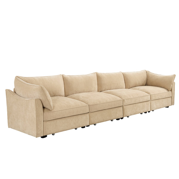 English Elm 4-seater chenille sofa with crescent armrests, wraparound cushions and hidden pull-out storage drawers W3041S00179