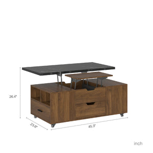 English Elm Modern Lift-Up Coffee Table with 4 Stools Set — Space-Saving Convertible Dining Table with Hidden Storage and Cushioned Seating Wood 33.86 L x 24.33 W x 7.99 H W1321S00030