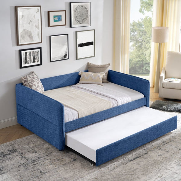 English Elm Full Size Boucle Daybed with Pop up Trundle Tufted Upholstered Sofa Sleeping Blue W1413S00176