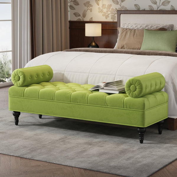 English Elm Modern Tufted Velvet Bench with Gourd Legs and Pillows for Bedroom Entryway Green N761P335807F