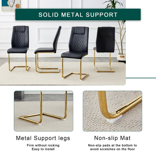 English Elm Table 31.5-Inch Round Dining Set With Elegant White Marble Top & 4 Black Pu Chairs, Gold Legs W1151S02492-GIGA