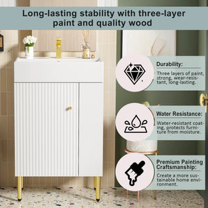 English Elm 21.6" White Bathroom Vanity with Ceramic Sink, Right Side Storage, Gold Legs, Soft-Close, Modern Elegance SV000006AAE