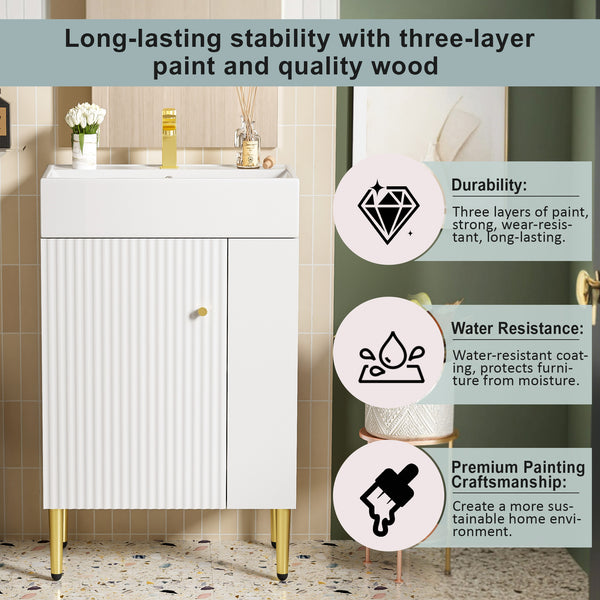 English Elm 21.6" White Bathroom Vanity with Ceramic Sink, Right Side Storage, Gold Legs, Soft-Close, Modern Elegance SV000006AAE