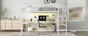 English Elm Queen Size Loft Bed With L-Shaped Desk, Usb Port & Led Lights - Stylish Space-Saving Solution For All W1580S00124-GIGA