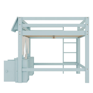 English Elm Full Loft Bed With Playful Cottage Design, Built-In Bookshelf, Curtain & Safety Guardrails For Kids W1580S00360