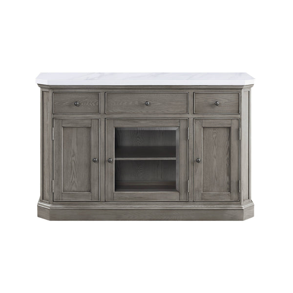 English Elm Zumala Marble Top Server with Weathered Oak Finish, Nailhead Trim, Felt-Lined Drawers, Trestle Base B2726P333614