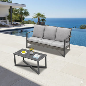 English Elm 2-piece Pe Rattan Outdoor Sofa Set with Steel Frame and Patio Coffee Table Gray B082P455166