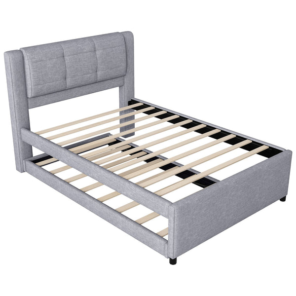 English Elm Full Size Upholstered Platform Bed With Versatile Trundle - Modern Gray Design For Comfort & Style DL001678AAE