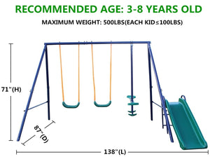 English Elm 3 in 1 Kids Outdoor Swing Set Steel A-frame with Belt Glider and Slide W140860515