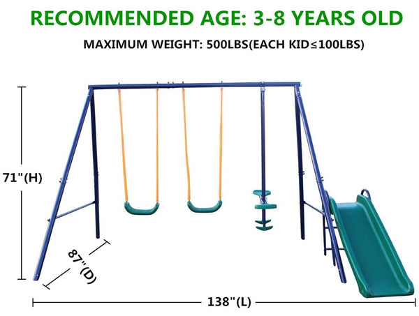 English Elm 3 in 1 Kids Outdoor Swing Set Steel A-frame with Belt Glider and Slide W140860515