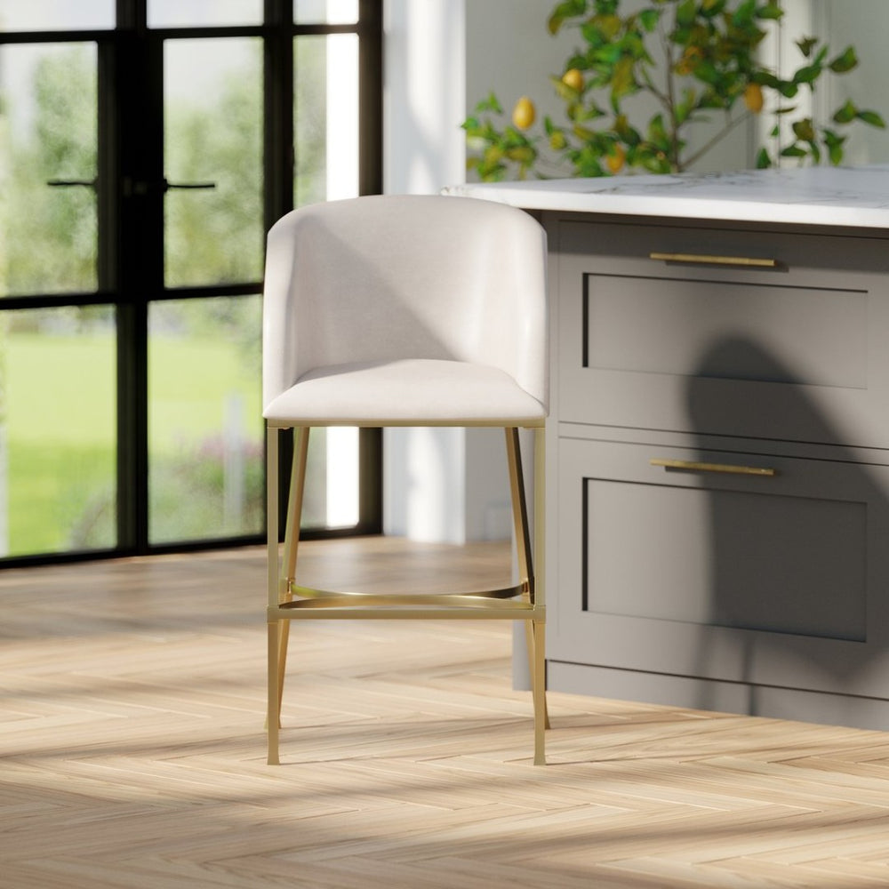 English Elm 31" Barrel Back Barstool Faux Leather Foam Padded Seat Gold Steel Frame for Home Bar White Pu B2751P436479