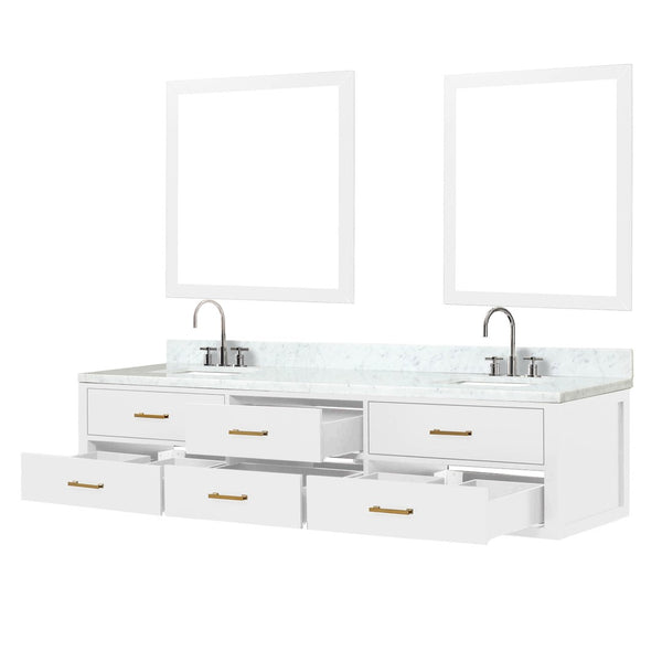 English Elm White Double Bath Vanity Set With Carrara Marble Top, Faucets & Matching Mirrors For Elegant Spaces B2731S01843-GIGA