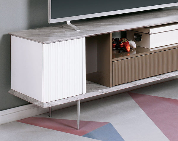 English Elm Modern Multi-Tone TV Console 70" with Open Shelves, Single Drawer, Replicated Marble Top, High-Gloss Finish B2741P361880