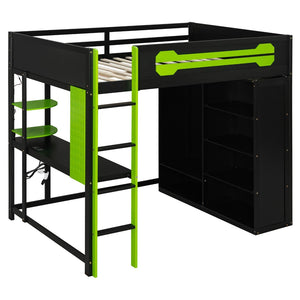 English Elm Full Size Gaming Loft Bed with Rgb Lighting Integrated Desk and Open Wardrobe Green N820S00073F