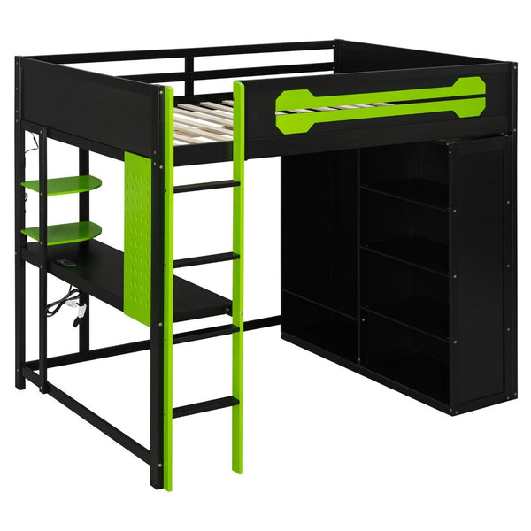English Elm Full Size Gaming Loft Bed with Rgb Lighting Integrated Desk and Open Wardrobe Green N820S00073F