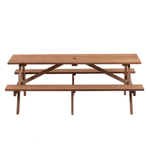 English Elm 8 Fir Wood Picnic Table with 2 Benches, Brown Outdoor Dining Set for 8, 2220lb Capacity, Umbrella Hole W1422P196395