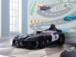 English Elm Modern Police Car Bed Twin Size With Led Lights, Magnetic Doors & Upholstered Headboard For Kids B2741S00497