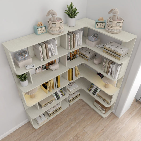 English Elm 90 Cm Modular Corner Bookcase Set Two Piece White Oak Shelving for Home Office W2899S00008