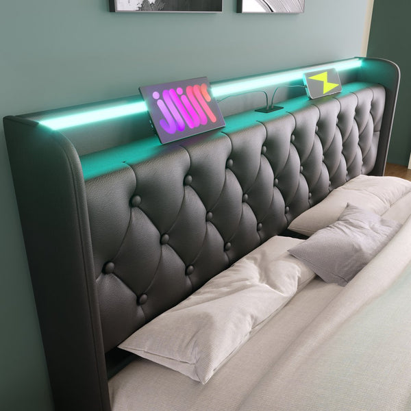 English Elm King Upholstered Bed with Surround LED, App/Remote Control, Hydraulic Storage, USB Type-C Charging Black N736P188808B