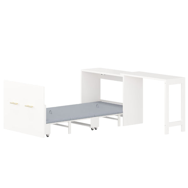 English Elm Twin Murphy Cabinet Bed with Folding Desk Mdf Frame Guest Room White Finish N733S272603K