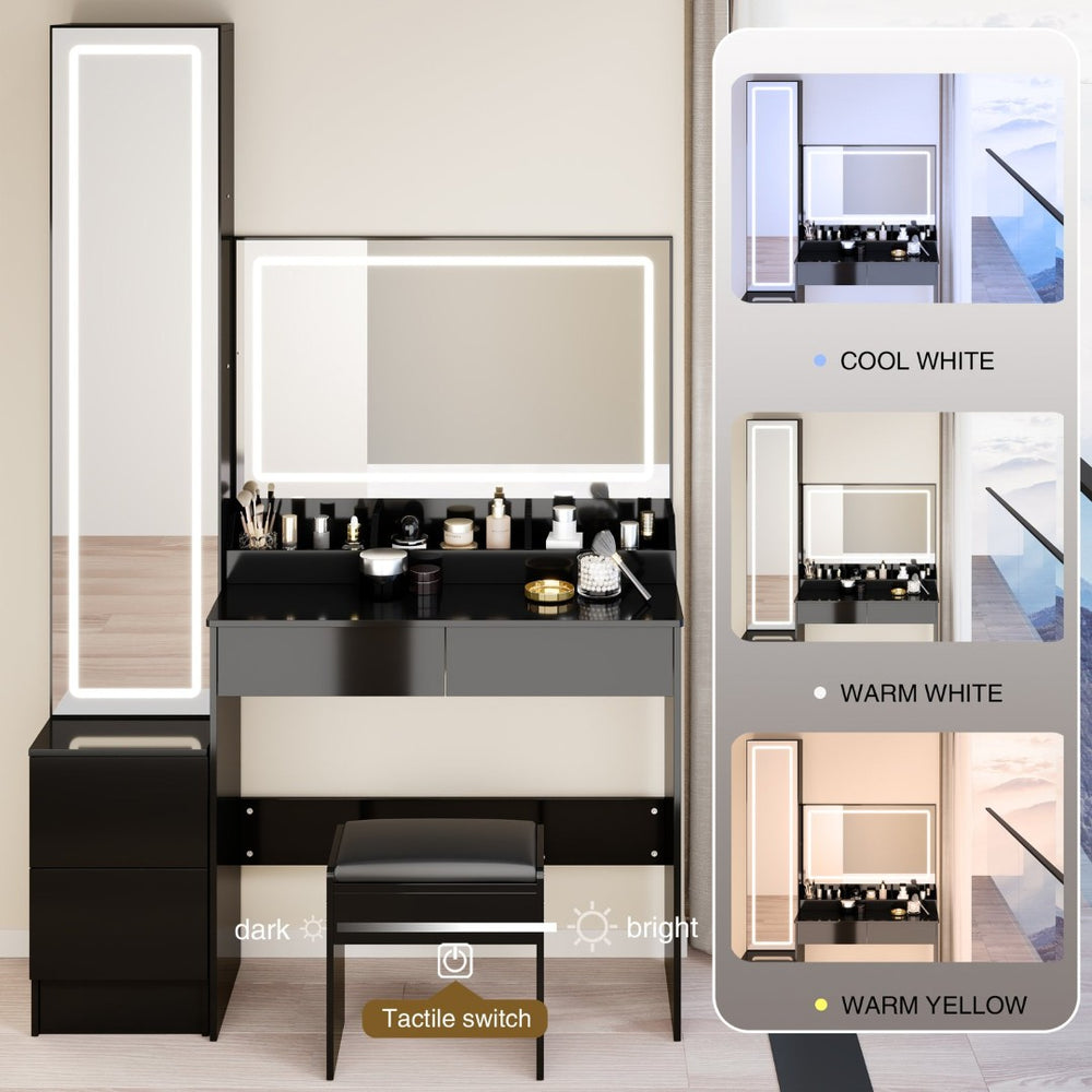 English Elm Full Bedroom Vanity Set with Led Round Mirror Touch Lighting Stool and Cabinet Storage Black W3258S00006