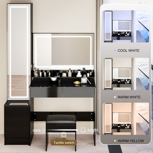 English Elm Full Bedroom Vanity Set with Led Round Mirror Touch Lighting Stool and Cabinet Storage Black W3258S00006