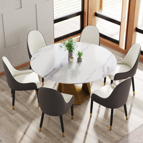 English Elm 59.05" Round Marble Dining Table With Sturdy Bronze Iron Base For Modern Dining, Seats 6-8 Comfortably W1535S00411