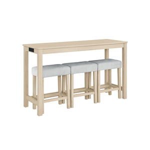 English Elm 59 Inch Bar Table Set with Power Outlet, 3 Upholstered Stools, Solid Wood MDF Linen, Sturdy 220/250lb Capacity W2972P367352