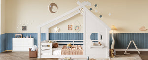 English Elm Twin House Bed Low Profile Pine Wood Frame with Shelf Montessori Kids Floor Sleeping Light White W5305P429644